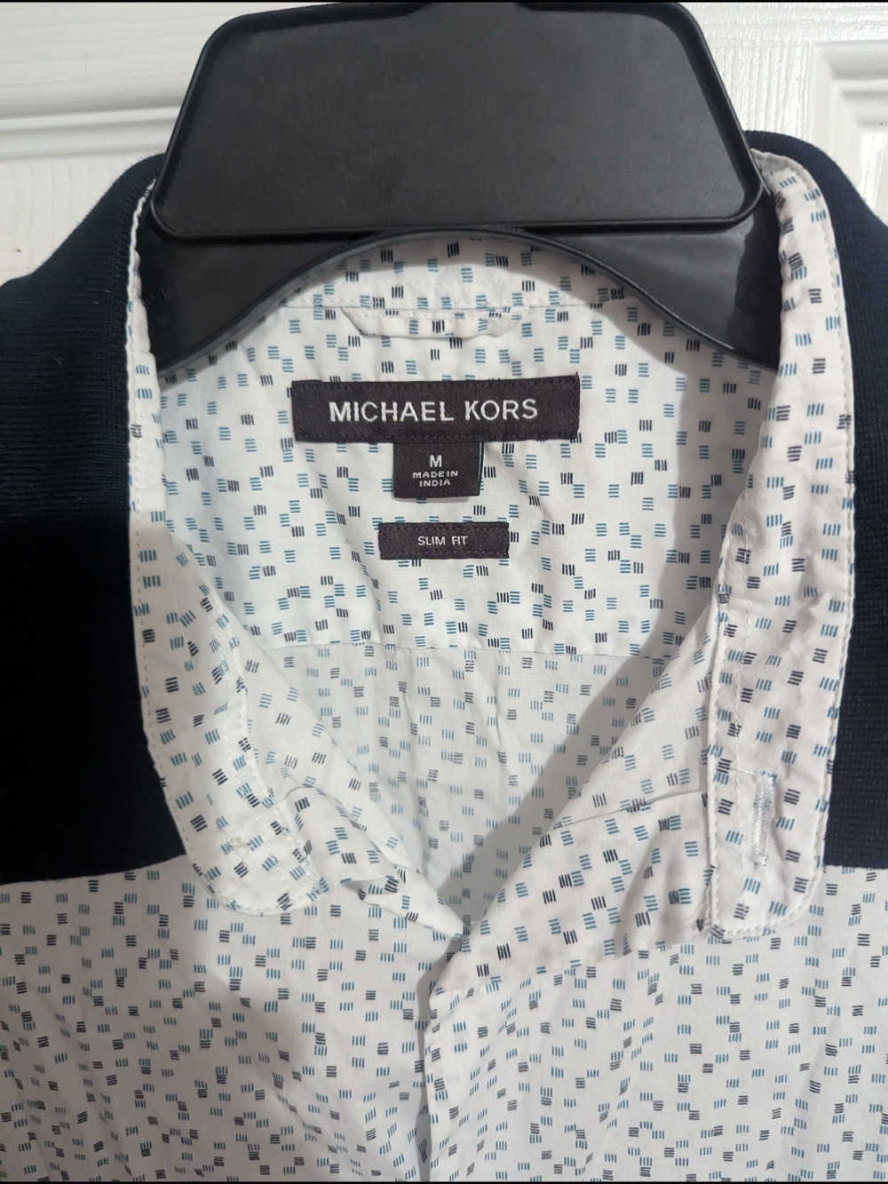 Michael Kors White Button-Down Shirt with Navy Micro-Print